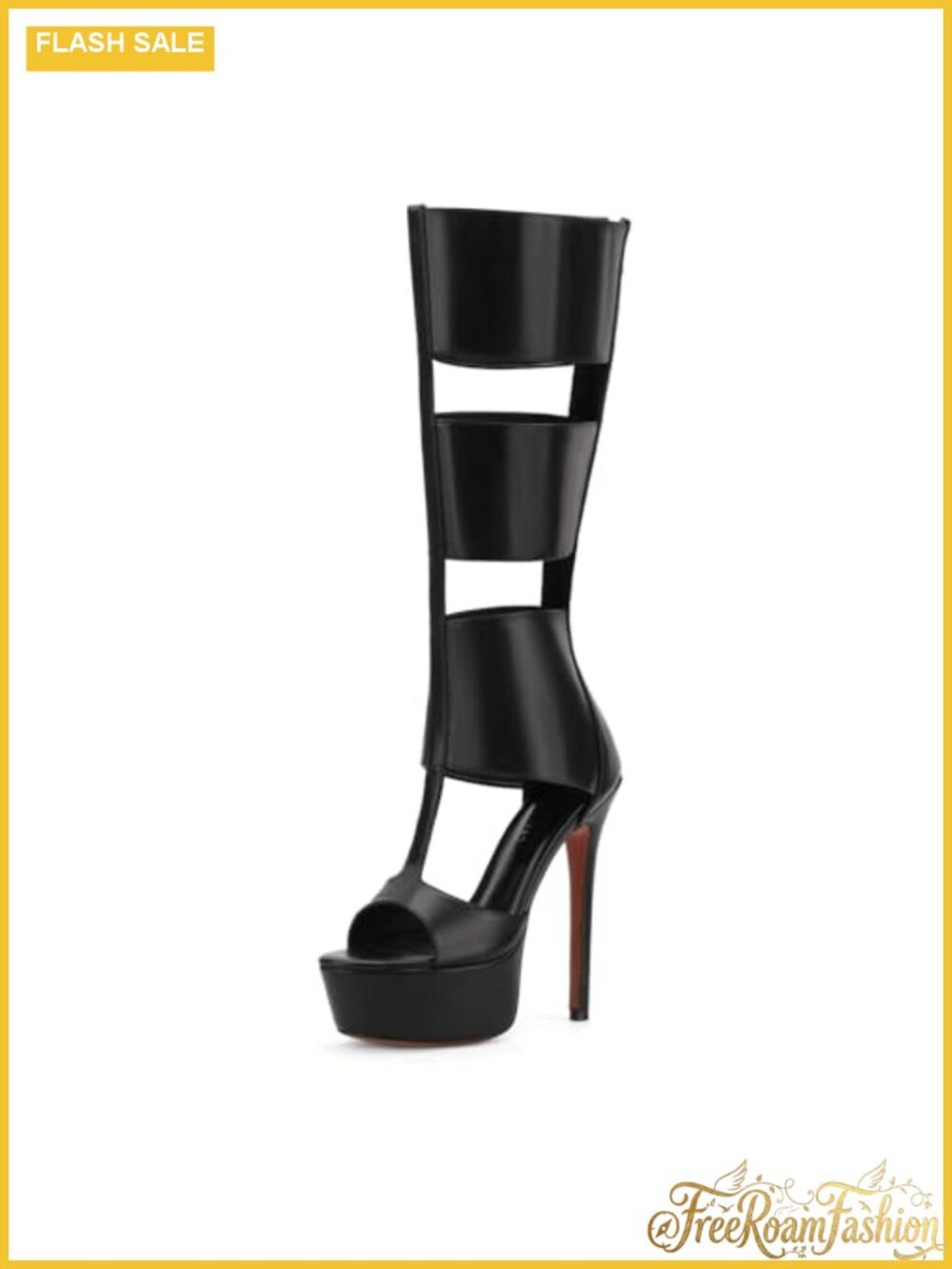 FancyQueen Platform Knee High Heels Faux Leather Gladiator Peep Toe Summer Boots - Picture 6 of 6